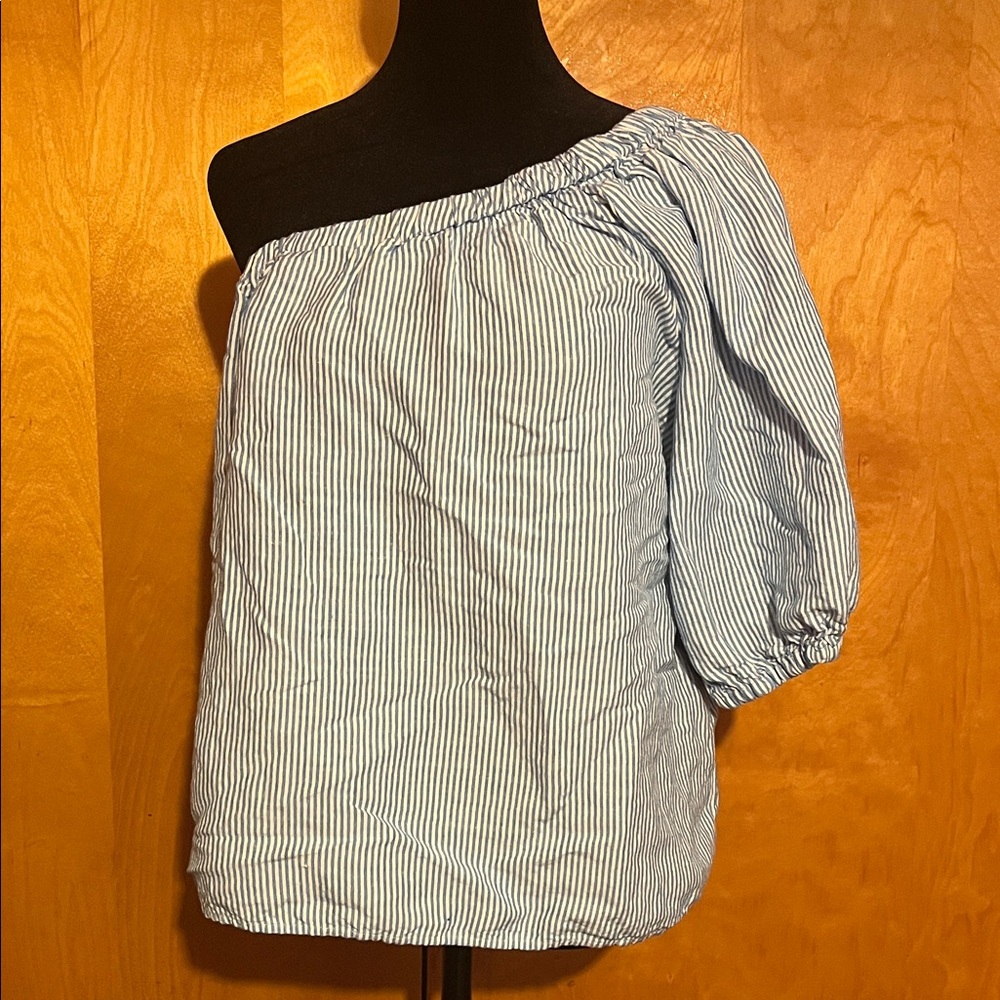 LOFT Large Off-Shoulder Blue and White Blouse